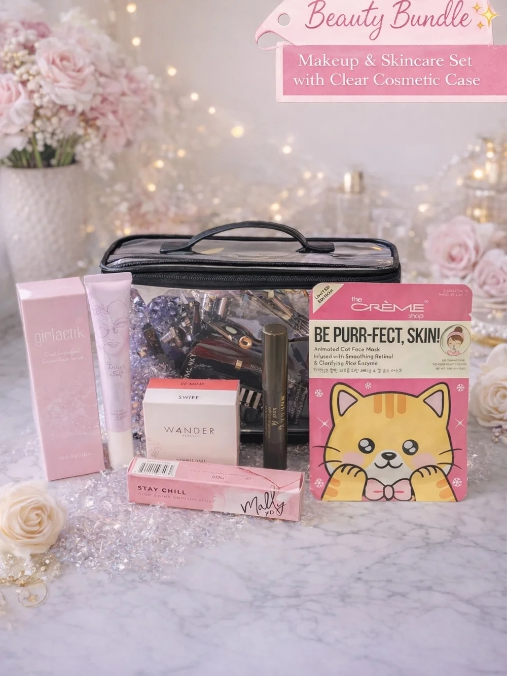 ✨ Beauty Bundle w/ Clear Makeup Case | Skincare + Makeup Set ✨